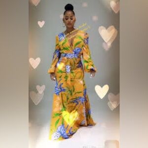 NWT THE SANG Tropical Floral Maxi Dress Plunge Neck Long Sleeve Vacation S